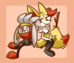  black_body black_fur braixen canid canine cheek_tuft chest_tuft clothing duo facial_tuft fur lagomorph mammal nintendo pok&eacute;mon pok&eacute;mon_(species) raboot raccoon-p red_body red_eyes red_fur red_nose shoulder_tuft sitting stick tuft video_games white_body white_fur yellow_body yellow_fur yellow_inner_ear yellow_nose 