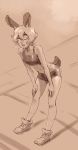  1girl animal_ears bangs bare_arms bare_legs bare_shoulders blush breasts brit_(d-rex) bunny_ears bunny_tail closed_eyes collarbone commentary d-rex full_body hair_between_eyes highres leaning_forward looking_at_viewer midriff monochrome navel one_eye_closed open_mouth original sepia shoes short_hair short_shorts shorts smile socks solo sports_bra standing sweat tail 
