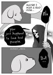  ambiguous_gender animated_skeleton bone canid canine canis comic death_(personification) dialogue domestic_dog duo english_text feral jenny_jinya loving_reaper mammal sad skeleton text undead 