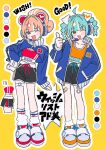  2girls ahoge animal_ear_headphones animal_ears ankle_socks aqua_hair arm_at_side bandaid bandaid_on_leg black_eyes black_shorts blue_jacket blue_sleeves blunt_ends bra braid brown_hair center-flap_bangs character_request clothes_on_and_off collarbone color_guide colorful commentary_request copyright_name cropped_jacket curled_ends dog_ears dog_girl dolphin_shorts double_vertical_stripe english_text facing_viewer fake_animal_ears flat_color full_body hair_intakes hair_tie hamafugu hand_in_pocket hand_on_own_hip headphones headset high_collar highres indie_live_expo jacket leaning_to_the_side legs_apart lone_nape_hair looking_at_viewer midriff multicolored_hair multicolored_shoes multiple_girls navel official_art one_eye_closed open_clothes open_jacket open_mouth orange_bra outline ponytail print_bra production_art red_bra reference_sheet shoes short_hair shorts side-by-side side_slit side_slit_shorts simple_background sleeve_cuffs sleeves_past_wrists sneakers socks sports_bra squirrel_ears squirrel_girl streaked_hair striped_clothes text_print thick_eyebrows thigh_strap thumbs_up translation_request tube_socks twin_braids twintails two-tone_hair underwear unzipped vertical-striped_clothes vertical-striped_sleeves white_hair white_outline white_sleeve_cuffs white_socks yellow_background zipper zipper_pull_tab 