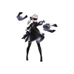  1girl 2others bangs_pinned_back black_blindfold black_dress black_gloves blindfold blonde_hair bloomers boots cleavage_cutout cosplay covered_eyes dress drone feather-trimmed_sleeves flat_chest forehead full_body gloves highres long_sleeves multiple_others nier_(series) nier_automata nier_reincarnation official_art outstretched_arm solo_focus thigh_boots thighhighs thighhighs_under_boots twintails underwear vambraces white_background white_girl yorha_no._2_type_b yorha_no._2_type_b_(cosplay) yoshida_akihiko 