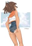  1girl absurdres ass blue_sky brown_eyes brown_hair cloud commentary_request cowboy_shot cutoffs denim denim_shorts from_behind hair_ornament hairclip highres i-401_(kantai_collection) kantai_collection orange_sailor_collar ponytail rimiera sailor_collar school_swimsuit shirt short_hair short_ponytail short_shorts shorts side-tie_shirt sky sleeveless sleeveless_shirt solo standing swimsuit swimsuit_under_clothes tan tanline 