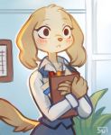  2020 absurd_res aggressive_retsuko anthro blush blush_lines canid canine canis domestic_dog female hi_res holding_object inui_(aggressive_retsuko) mammal sanrio solo suizilla wide_eyed 