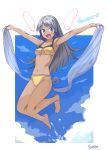  1girl :d armpits artist_name bare_legs barefoot bikini blue_eyes breasts collarbone dark_skin earrings eyebrows_visible_through_hair full_body grey_hair highres jewelry jumping long_hair looking_at_viewer navel open_mouth original outstretched_arms saiste shawl small_breasts smile solo spread_arms stomach swimsuit yellow_bikini 