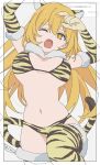  1girl animal_costume animal_ears animal_hands animal_print bikini blonde_hair breasts commentary elbow_gloves fake_animal_ears fake_tail fang fur-trimmed_thighhighs fur_collar fur_trim gloves highres large_breasts long_hair looking_at_viewer navel official_alternate_costume one_eye_closed open_mouth paw_gloves print_bikini shokuhou_misaki simple_background solo sparkling_eyes swimsuit tail teruya_(6w6y) thighhighs tiger_costume tiger_ears tiger_paws tiger_print tiger_tail toaru_kagaku_no_mental_out toaru_kagaku_no_railgun toaru_majutsu_no_index underboob yellow_bikini yellow_eyes yellow_gloves 