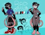  anthro bodily_fluids character_name chastity_cage chastity_device collar didelphid face_mask feet girly hi_res male mammal marsupial model_sheet moobs nude orignal_character rad_opossum radopossum solo sweat 