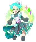  1girl aqua_hair cropped_legs dress fang frilled_dress frills green_dress green_eyes green_hair highres holding holding_clothes holding_dress long_sleeves looking_at_viewer moudoku_(decopon3rd) multicolored_hair nijiiro_nino open_mouth pretty_(series) pripara puffy_long_sleeves puffy_sleeves short_eyebrows short_hair solo sparkle sparkle_print thighhighs two-tone_hair upper_body 