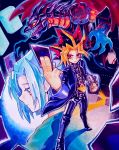  2boys acrylic_paint_(medium) aoyama_shougo belt blue_hair blurry card closed_mouth coat commentary_request depth_of_field dragon duel_disk duel_monster highres holding holding_card looking_at_viewer looking_to_the_side male_focus meteor_b._dragon millennium_puzzle multicolored_hair multiple_boys pants shimajiro smile standing traditional_media watercolor_pencil_(medium) yami_yuugi yuu-gi-ou yuu-gi-ou_(touei) 