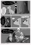  ambiguous_gender animated_skeleton bone canid canine canis collar comic death_(personification) dialogue domestic_dog duo english_text feral jenny_jinya leash loving_reaper mammal pole skeleton text undead 