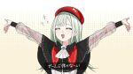  1girl :d ^_^ arms_up ascot bang_dream! bang_dream!_it's_mygo!!!!! beret black_capelet capelet closed_eyes commentary facing_viewer green_brooch green_hair hashtag-only_commentary hat highres long_hair long_sleeves mortis_(bang_dream!) mortis_(costume)_(bang_dream!) mortis_(persona)_(bang_dream!) open_mouth outstretched_arms peke_(pekeiscat) red_hat see-through_clothes see-through_sleeves sidelocks smile solo sparkle spread_arms translation_request upper_body wakaba_mutsumi white_ascot 