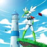  1:1 abs anthro big_breasts bikini bikini_bottom bikini_top breasts clothed clothing cloud detailed_background female green_eyes hair hi_res latiar legendary_pok&eacute;mon mammal muscular nintendo pok&eacute;mon pok&eacute;mon_(species) pok&eacute;morph seaside shaymin sky_forme_shaymin solo standing swimwear video_games 