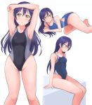  1girl absurdres arm_behind_head armpits arms_up bangs blue_hair blue_swimsuit blush commentary_request competition_swimsuit highleg highleg_swimsuit highres long_hair looking_at_viewer love_live! love_live!_school_idol_project multiple_persona one-piece_swimsuit simple_background sitting smile sonoda_umi swimsuit wewe white_background yellow_eyes 