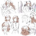  5girls :3 animal_ears animal_hands aqua_hair bang_dream! black_hair blush brown_hair cat_ears closed_eyes closed_mouth commentary drill_hair fake_animal_ears gloves grey_hair hair_between_eyes highres hikawa_sayo hug hug_from_behind imai_lisa jacket kanade_(kanade_3344) long_hair long_sleeves minato_yukina multiple_girls necktie open_mouth paw_gloves pleated_skirt purple_hair roselia_(bang_dream!) shirokane_rinko shirt sidelocks skirt sweatdrop translation_request twin_drills udagawa_ako 