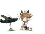  2girls aircraft aircraft_request airplane animal_on_head breasts brown_hair closed_eyes commentary_request dog fairy_(kantai_collection) gloves hairband headgear kantai_collection large_breasts midriff miniskirt multiple_girls mutsu_(kantai_collection) on_head piitan2_mokotan radio_antenna seiza short_hair simple_background sitting skirt translation_request white_background white_gloves 