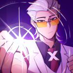  1boy :/ black_eyes black_shirt coat collared_shirt glowing hair_slicked_back hand_up highres jujutsu_kaisen kymeraka looking_at_viewer male_focus mullet necktie power_connection red_necktie shirt snapping_fingers solo sparkle tinted_eyewear to_be_hero to_be_hero_x vest white_coat white_hair white_vest x_(symbol) x_(to_be_hero_x) yellow-tinted_eyewear 