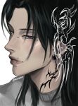  1boy absurdres aransmind black_hair cyber_sigilism eye_piercing eyebrow_piercing face_piercing getou_suguru grey_sweater highres ibispaint_(medium) jujutsu_kaisen lip_piercing looking_at_viewer medium_hair mole multiple_moles neck_tattoo nose_piercing parted_lips piercing plug_(piercing) profile purple_eyes simple_background solo sweater tattoo twitter_username white_background 