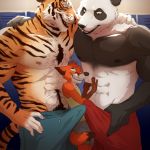  1:1 anthro bulge canid canine captainskee clothed clothing erection erection_under_clothing felid fox giant_panda hi_res locker_room male male/male mammal pantherine sandwiched size_difference tagme tenting tiger topless ursid 