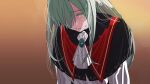  1girl ascot bang_dream! bang_dream!_it's_mygo!!!!! black_capelet brooch brown_background capelet colored_eyelashes facing_down frown furrowed_brow gradient_background green_brooch green_hair hair_over_one_eye hashtag-only_commentary head_down highres jewelry long_hair long_sleeves looking_down mortis_(bang_dream!) mortis_(costume)_(bang_dream!) nervous_sweating one_eye_covered pain parted_lips peke_(pekeiscat) scene_reference shirt simple_background solo straight_hair sweat sweatdrop upper_body wakaba_mutsumi white_ascot white_shirt yellow_eyes 