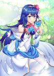  1girl alternate_costume ameno_(a_meno0) bare_shoulders blue_bow blue_butterfly blue_eyes blue_flower blue_hair blue_ribbon blush bouquet bow bridal_veil bride bride_(fire_emblem) bug butterfly closed_mouth dress eyebrows_visible_through_hair fire_emblem fire_emblem_awakening fire_emblem_musou flower grass hair_between_eyes hair_flower hair_ornament holding holding_bouquet holding_flower insect lips long_hair lucina_(fire_emblem) outdoors pink_butterfly pink_flower purple_flower purple_rose red_flower ribbon rose sitting solo strapless strapless_dress symbol-shaped_pupils tiara veil wedding_dress white_dress 
