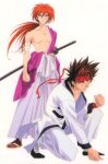  1990s_(style) 2boys bandaged_arm bandages brown_hair clenched_hand cross_scar hakama headband himura_kenshin japanese_clothes katana long_hair long_sleeves multiple_boys off_shoulder official_art ponytail red_hair rurouni_kenshin sagara_sanosuke sandals sheath sheathed short_hair simple_background squatting standing sword table weapon white_background white_hakama 