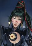 1girl absurdres alternate_hairstyle aransmind artist_name bayonetta bayonetta_(cosplay) bayonetta_(series) beehive_hairdo black_bodysuit blunt_bangs bodysuit breast_cutout cosplay earrings eyeshadow gold_earrings gradient_background green_eyes green_hair grey_eyeshadow highres jewelry jujutsu_kaisen lipstick looking_at_viewer makeup mole mole_under_mouth ponytail red-eye_effect red-framed_eyewear semi-rimless_eyewear solo zen&#039;in_maki 