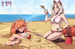  2girls animal_ear_request animal_ears animal_print artist_name bare_arms bare_shoulders beach bikini blonde_hair blue_sky blush breasts brown_fur bucket cleavage cloud cloudy_sky collarbone commentary d-rex fish_print frown fur_trim green_eyes grin hand_on_hip hand_up highres holding large_breasts lion_ears lion_girl long_hair looking_at_viewer medium_breasts multiple_girls navel ocean orange_hair original outdoors red_bikini sand sky smile stomach swimsuit tail white_bikini 