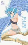  1girl absurdres arm_up armpits artist_logo artist_name ass bangs bare_shoulders blue_hair bluethebone character_name commentary english_commentary eyebrows_visible_through_hair grey_shorts hair_between_eyes harpy highres kneeling looking_at_viewer micro_shorts midriff monster_girl monster_musume_no_iru_nichijou open_mouth papi_(monster_musume) shorts solo strapless tubetop winged_arms wings yellow_eyes 