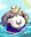  2020 alp_(tas) anthro bathing belly clothing eyes_closed fur giant_panda hi_res lakalando male mammal navel outside overweight overweight_male solo sun swimwear tokyo_afterschool_summoners ursid video_games water white_body white_fur 