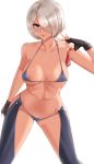 1girl abs absurdres angel_(kof) bikini blue_bikini blue_eyes breasts chaps cleavage clyde_s condom cowboy_shot cum cum_in_mouth fingerless_gloves gloves hair_over_one_eye highres large_breasts leather sweat swimsuit the_king_of_fighters toned white_hair 