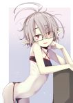  1girl antenna_hair commentary_request fangs flat_chest glasses highres leaning_on_object looking_at_viewer messy_hair navel ogami_kazuki original pale_skin panties pointy_ears red_eyes ribs short_hair side-tie_panties simple_background solo two-tone_background underwear untied untied_panties vampire 