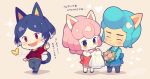  1boy 2girls :3 :d animal_ears apron blue_apron blue_hair blue_shirt blush_stickers bouquet bug butterfly character_request chibi closed_eyes closed_mouth colored_tips commentary_request dated doubutsu_no_mori flower full_body highres holding holding_bouquet holding_clothes humanization insect long_sleeves mishiranu_neko multicolored_hair multiple_girls open_mouth pants pink_hair red_apron red_eyes red_sweater shirt signature smile sparkle standing sweater tail two-tone_hair white_hair white_shirt yumenouchi_chiharu 