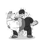  1:1 2020 anthro belly bodily_fluids bottomwear canid canine canis carrying clothing domestic_dog duo hi_res human kemono male male/male mammal monochrome mtmnkmn overweight overweight_male pants shirt simple_background sweat topwear white_background 