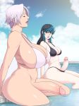  2girls arm_support bangs bikini_day blue_hair blue_sky blush bottomless breast_awe breasts cleavage closed_eyes futanari hair_between_eyes highres huge_breasts isabella_valentine large_breasts large_penis long_hair looking_at_another lunasanguinis mature mole mole_under_eye multiple_girls navel newhalf outdoors pale_skin parted_lips partially_submerged penis pool relaxed scar short_hair sideboob sidelocks silver_hair sitting sky soulcalibur soulcalibur_vi surprised swept_bangs tan thick_thighs thighs tira_(soulcalibur) veins veiny_penis water wide-eyed 