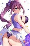  1girl aqua_eyes ass back bangs bare_shoulders bikini blush breasts cheerleader confetti crop_top highres holding holding_pom_poms large_breasts long_hair looking_at_viewer looking_back matarou_(genkai_toppa) original parted_lips pom_poms ponytail purple_bikini purple_hair skirt sweat swimsuit thighs underwear white_background 