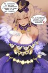  1girl alternate_breast_size breasts cleavage cslucaris dress english_text fire_emblem fire_emblem:_three_houses fire_emblem_heroes fur_trim gloves hair_ornament hat highres large_breasts long_hair lysithea_von_ordelia open_mouth pink_eyes sitting solo watermark web_address white_gloves white_hair 