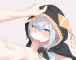  1girl ars_almal blue_eyes blush censored commentary_request fellatio hair_over_one_eye hand_on_another&#039;s_head hood mosaic_censoring nijisanji oral penis shibata_g_ransu short_hair silver_hair simple_background solo_focus virtual_youtuber white_background 