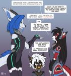  2019 android anthro ara black_body black_fur black_hair blue_eyes blue_hair breasts clothed clothing comic cybernetics dialogue domestic_cat english_text felid feline felis female fluff-kevlar fur group hair horn kleika long_tongue machine mammal multicolored_body multicolored_fur open_mouth red_body red_fur robot short_stack simple_background smile text tongue tuft warning_(fluff-kevlar) white_body white_fur white_hair yellow_eyes zeta_(fluff-kevlar) 