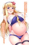  1girl bangs big_belly bikini blonde_hair blue_bikini blue_hairband blunt_bangs blush breasts cleavage commentary_request eyebrows_visible_through_hair fletcher_(kantai_collection) flower hair_flower hair_ornament hair_ribbon hairband highres kantai_collection large_breasts leg_garter long_hair looking_at_viewer mizunoe_kotaru navel open_mouth pregnant purple_eyes ribbon simple_background solo swimsuit translation_request white_background white_ribbon 