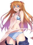  1girl apron ass_visible_through_thighs blue_eyes blush bra breasts brown_hair cameltoe hair_ornament highres long_hair looking_at_viewer nakahira_guy navel neon_genesis_evangelion panties pants_pull small_breasts solo souryuu_asuka_langley striped striped_panties sweat underwear wardrobe_malfunction 