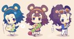  3girls ;d apron asami_(doubutsu_no_mori) bangs blue_hair blue_jacket blue_skirt blush_stickers brown_background brown_hair chibi closed_mouth commentary_request dated doubutsu_no_mori eighth_note eyewear_on_head full_body hairband hedgehog_ears hedgehog_girl hedgehog_tail highres holding holding_clothes humanization jacket kate_(doubutsu_no_mori) kinuyo_(doubutsu_no_mori) multiple_girls musical_note one_eye_closed open_mouth orange_hairband pants plaid plaid_apron pleated_skirt ponytail shirt siblings signature sisters skirt smile spiked_hair spoken_musical_note standing sunglasses tail white_pants yarn yarn_ball yellow_shirt yumenouchi_chiharu 