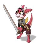  anthro armed armor barefoot breasts brown_eyes clothed clothing cute_fangs dragon female headgear helmet holding_object holding_weapon horn knight melee_weapon miakameron open_mouth red_body simple_background smile solo sword warrior weapon 