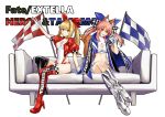  2girls ahoge animal_ear_fluff animal_ears black_footwear blonde_hair blue_bow blue_jacket boots bow breasts cleavage_cutout couch fate/extella fate/extra fate_(series) fox_ears fox_girl fox_shadow_puppet fox_tail gloves green_eyes hair_bow hair_intakes high_heel_boots high_heels jacket jacket_on_shoulders large_breasts leotard long_hair merokonbu0 midriff mismatched_footwear multiple_girls nero_claudius_(fate) nero_claudius_(fate)_(all) pink_hair ponytail race_queen red_bow red_footwear red_jacket short_sleeves shorts sitting tail tamamo_(fate)_(all) tamamo_no_mae_(fate) thigh_boots thighhighs white_background white_footwear white_gloves white_leotard white_shorts yellow_eyes 