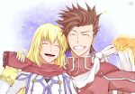  1boy 1girl aiki_hiwa bangs blonde_hair blush brown_hair closed_eyes closed_mouth collet_brunel jewelry lloyd_irving long_hair necklace open_mouth red_shirt scarf shirt short_hair smile tales_of_(series) tales_of_symphonia 