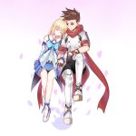  1boy 1girl ankle_ribbon bangs blonde_hair brown_hair choker closed_eyes closed_mouth collet_brunel gloves holding_hands leaning_on_person lloyd_irving long_hair nichts_(nil) ribbon scarf short_hair tales_of_(series) tales_of_symphonia 