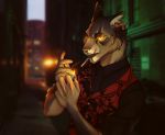  5_fingers alley anthro cigarette detailed_background ear_piercing ear_ring eyebrows fancy_clothing fingers fire flower glowing glowing_eyes holding_object inner_ear_fluff kairiver lighter male open_mouth pawpads piercing plant pupils scar slit_pupils smoking solo teeth tuft yellow_eyes 