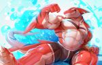  absurd_res anthro bottomwear clothing fin fish flexing hi_res male marine muscular muscular_anthro muscular_male pose red_body shark shorts sitting smile smirk solo teeth volker_(rabbity) waddledox water white_eyes 