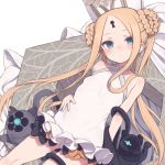  1girl abigail_williams_(fate/grand_order) abigail_williams_(swimsuit_foreigner)_(fate) black_bow blonde_hair blue_eyes blush bow double_bun fate/grand_order fate_(series) flat_chest frilled_swimsuit frills gamuo long_hair looking_at_viewer one-piece_swimsuit orange_bow polka_dot polka_dot_bow simple_background solo swimsuit white_background white_swimsuit 