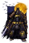  1boy armor bat batman batman_(series) batman_ninja belt dc_comics fingerless_gloves flying gloves highres japanese_armor japanese_clothes katana logo looking_at_viewer mask moon naratani pouch realistic signature superhero sword weapon 