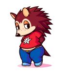  animal_crossing anthro bottomwear brown_body brown_fur clothing cosplay darkacguy eulipotyphlan female fur hands_behind_back hedgehog jeans mammal midriff narrowed_eyes nintendo pants parappa_the_rapper red_clothing red_topwear sable_able simple_background solo sony_corporation sony_interactive_entertainment topwear um_jammer_lammy video_games 