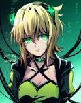  1girl akatsuki_kirika artist_name blonde_hair breasts choker cleavage collarbone dated glowing glowing_eyes green_background green_eyes hair_ornament highres hood hood_down hooded_jacket jacket kiraki lips looking_at_viewer puffy_short_sleeves puffy_sleeves senki_zesshou_symphogear short_hair short_sleeves solo star_(symbol) translation_request 